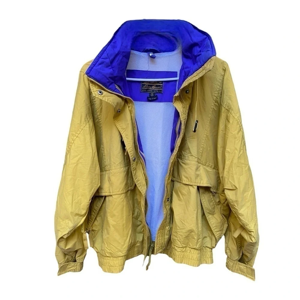 Vintage Eddie Bauer Yellow Raincoat with Blue Lined Collar
